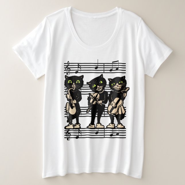 Camiseta Três Músicos de Gato Negro Olhos Verdes Notas de M (Frente do Design)