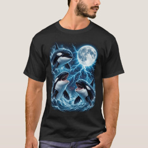 Camiseta Três Orcas Majestosas Lua Relâmpago Vida Marinha L