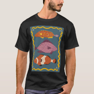 Camiseta Três peixes fofos - fundo azul