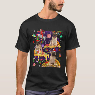 Camiseta Três Pugs Duendes Rena de Papai Noel Andando em Pi