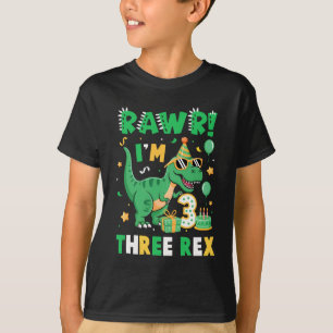 Camiseta Três Rawah Birthday Boy Party T-Rex Dinosaur 3 Yea