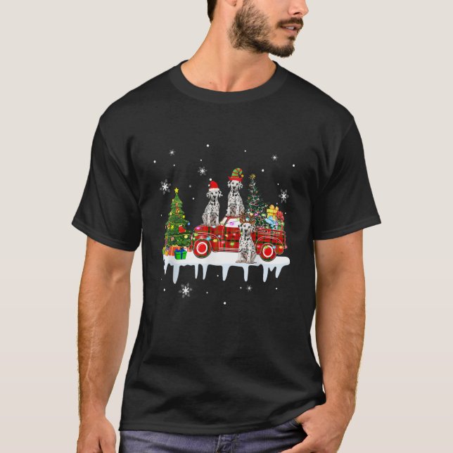 Camiseta Três Renas de Papai Noel Elfo Dálmatas No Pickup d (Frente)