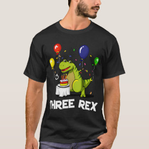 Camiseta Três Rex Aniversário de 3 anos Festa Cartoon T-Rex