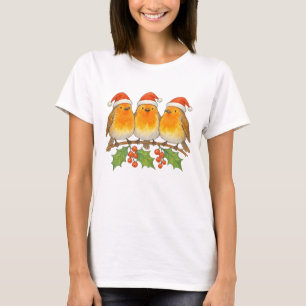 Camiseta Três Robins de Natal bonitos em Santa Hats