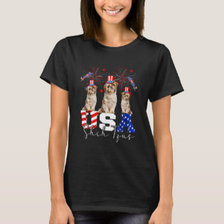Camiseta Três Shh Tzus Dog Usa Vestindo Bandeira Americana