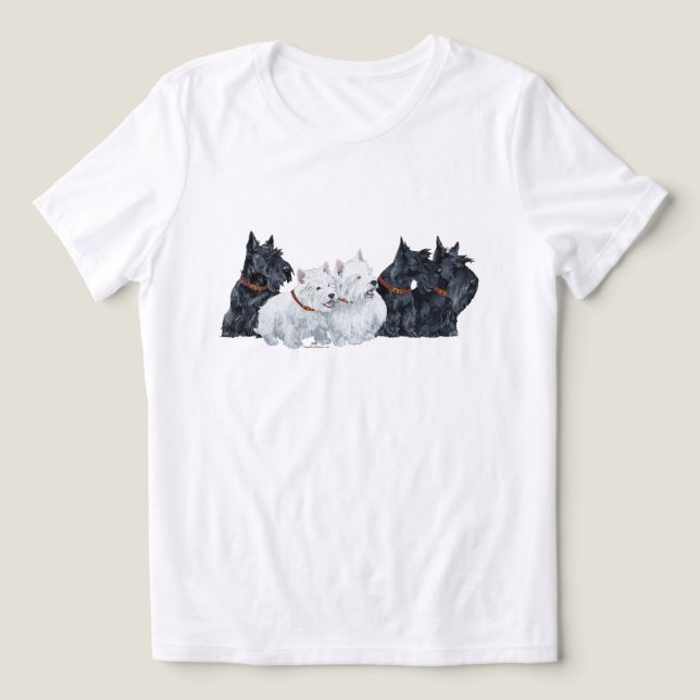 Camiseta Três Terriers Escoceses com Dois Westies (Design frontal)