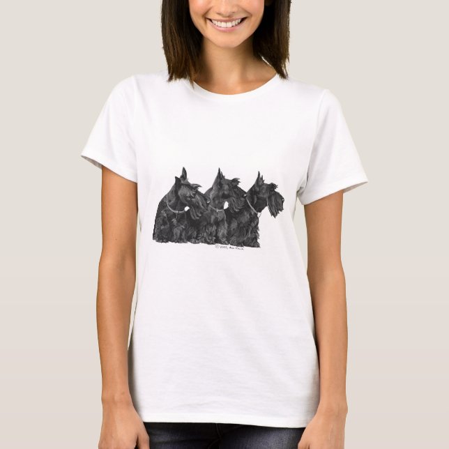 Camiseta Três Terriers Escoceses Curiosos (Frente)