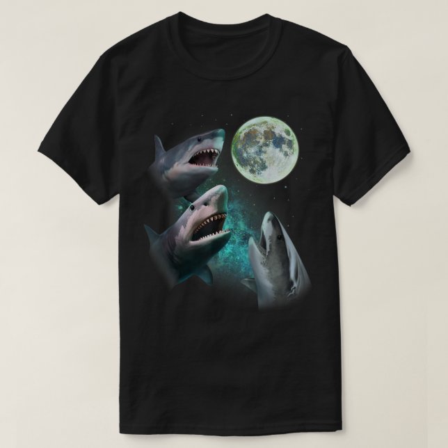 Camiseta Três Tubarões brancos Excelentes Howl na Lua 3 Wol (Frente do Design)