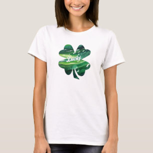 Camiseta Trevo de Quatro Folhas Água-forte Sortuda Gráfica 