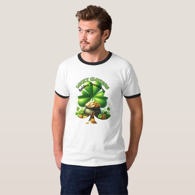 Camiseta Trevos da Sorte e Tesouros Dourados (Frente Completa)