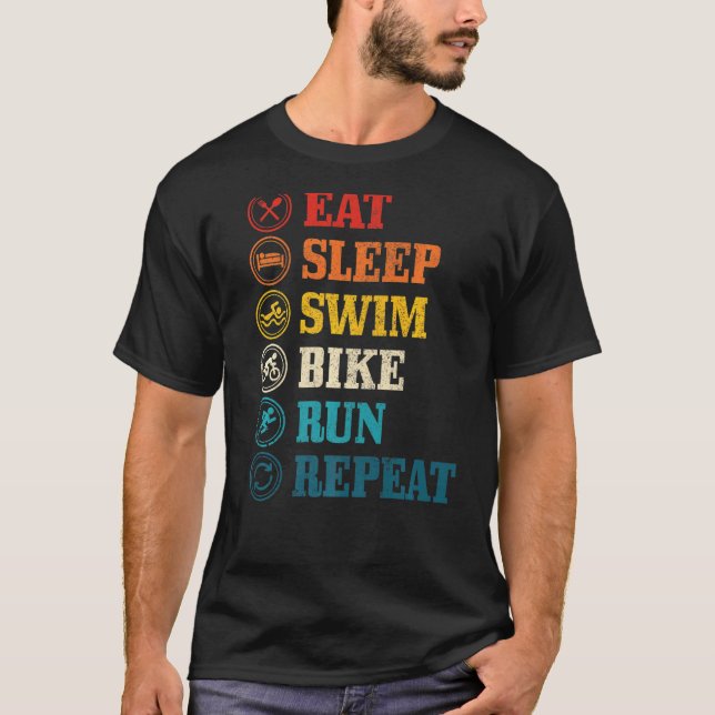 Camiseta Triathlet Repetir Triathlet Comer Natação de Sono  (Frente)