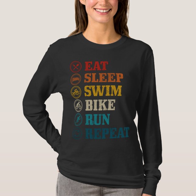 Camiseta Triathlet Repetir Triathlet Comer Natação de Sono  (Frente)