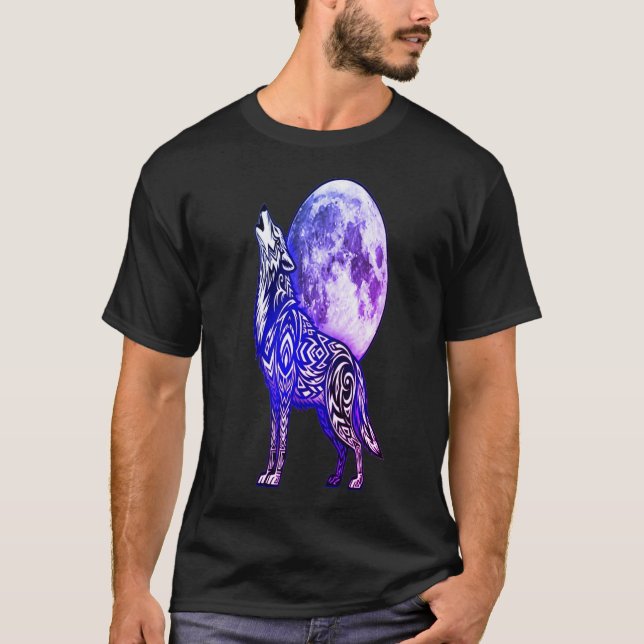 Camiseta Tribal Lobo Uivando para a Lua | Azul Mís (Frente)