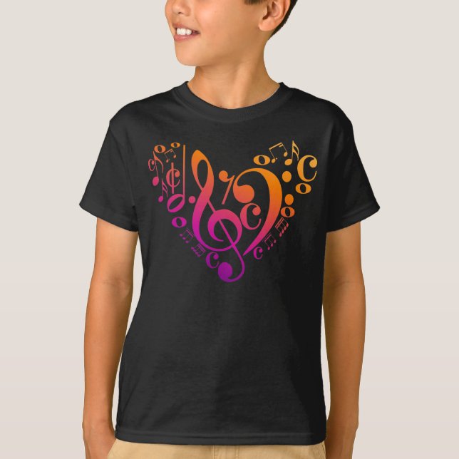 Camiseta Trible Bass Clef Musical Notes Colorful Heart (Frente)