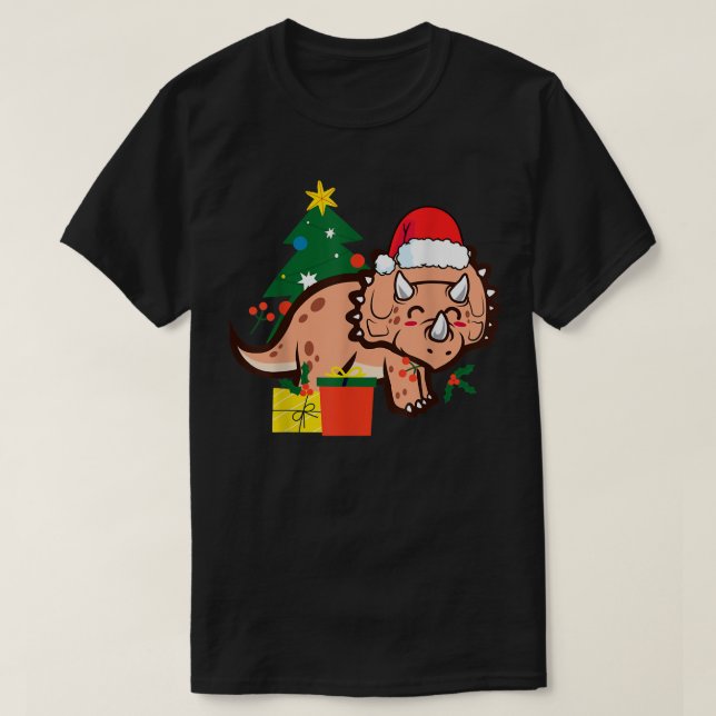 Camiseta Tricerátops de Natal Papais noeis Feriados de Dino (Frente do Design)
