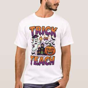 Camiseta Trick Or Teach Fantasma Abóbora Escola Morcegos