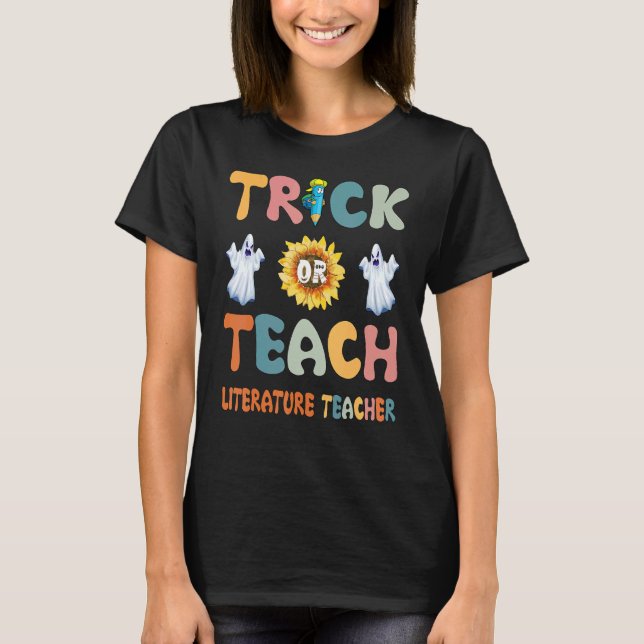 Camiseta Trick Or Teach Spooky Season Cute Ghost Literature (Frente)