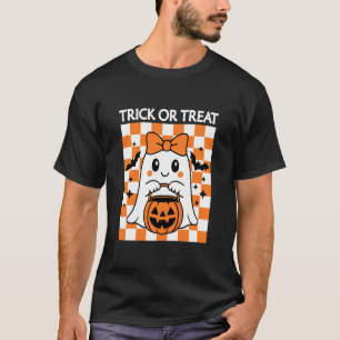 Camiseta Trick Or Treat Fantasma Fofo Fundo Xadrez Divertid