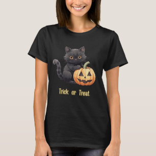 Camiseta Trick or Treat Gato Preto Abóbora Preta Halloween