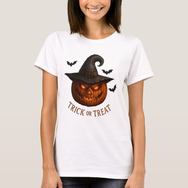 Camiseta Trick or Treat Pumpkin Witch Hat Halloween Design (Frente)