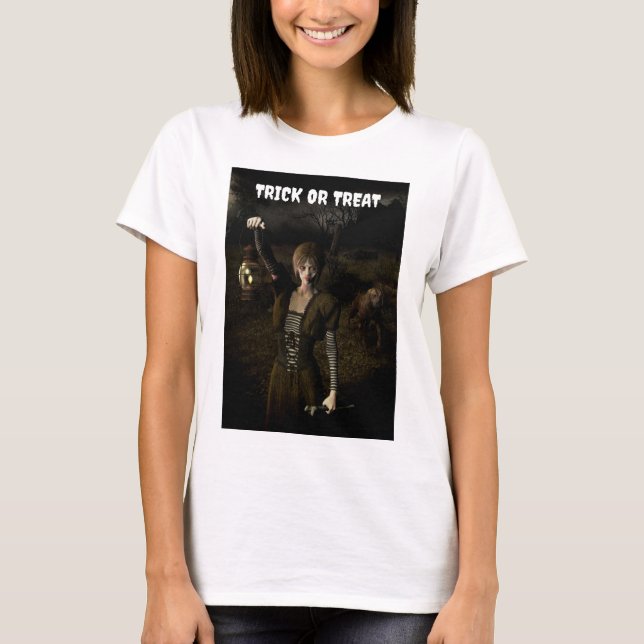 Camiseta Trick or Treat. Thin female carrying lamp (Frente)