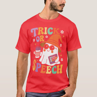 Camiseta Trick ou Fala Halloween SLP Retro Terapia da Fala