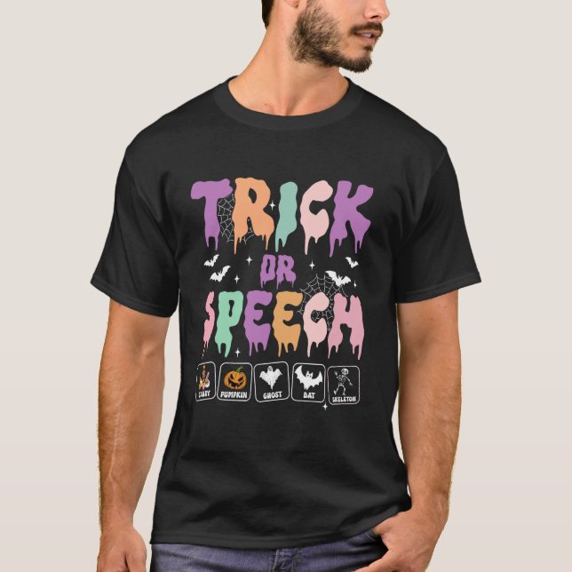 Camiseta Trick ou Fala Retro SLP Halloween Terapia da Fala  (Frente)