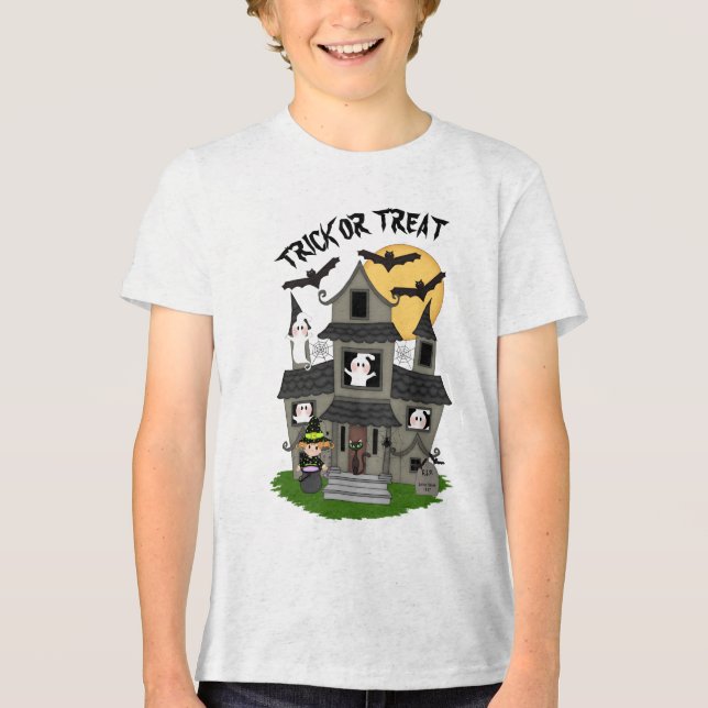 Camiseta Trick ou trata a casa assombrada do Halloween com  (Frente)