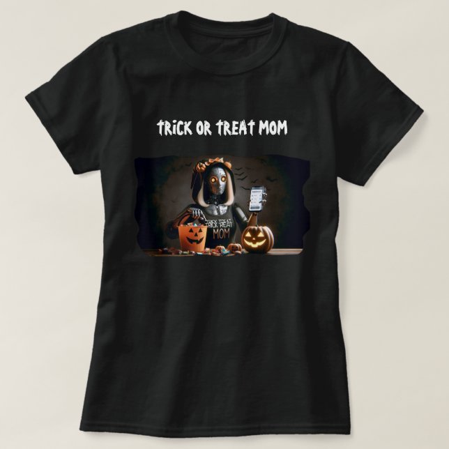 Camiseta Trick ou Tratar o Robô da Mãe AI com Pumpkin e Tra (Frente do Design)