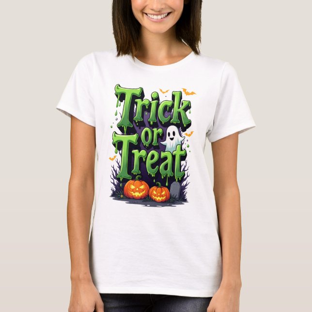 Camiseta Trick ou Trate as mulheres modernas em Script no D (Frente)