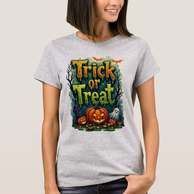 Camiseta Trick ou Trate as mulheres modernas em Script no D (Frente)