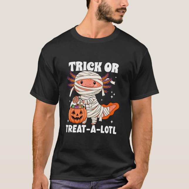 Camiseta Trick ou Treat Lotl Kawaii Axolotl Mummy Halloween (Frente)