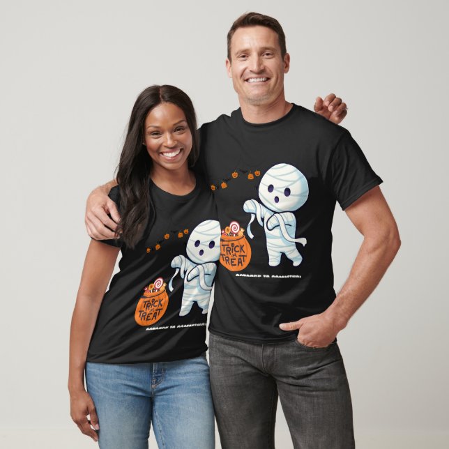 Camiseta Trick ou Treine Mummy Halloween Doce Diversão (Unissex)