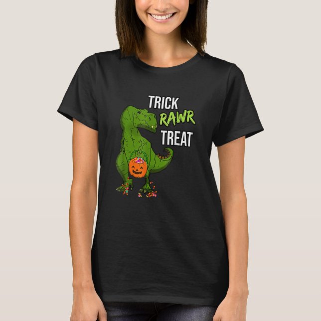 Camiseta Trick Rawr Tratat Halloween T Rex Dinossaur Assust (Frente)