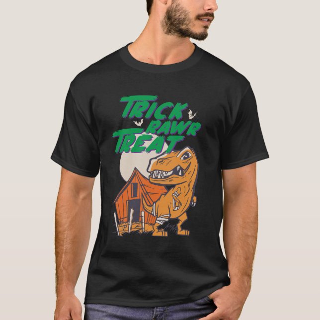 Camiseta Trick Rawr Treat T Rex Dinossauro Dia de as Bruxas (Frente)