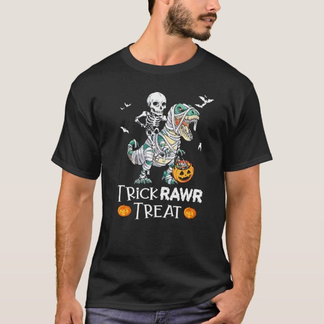 Camiseta Trick Rawr Trex Mummy Halloween Dinosaur Boy (Frente)