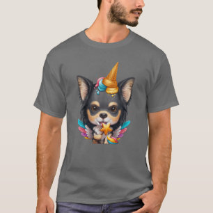 Camiseta Tricolor Long Casaco Chihuahua Sorvete Unicorn