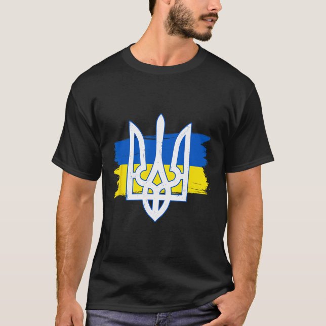 Camiseta Tridente da Bandeira da Ucrânia - Tryzub Ucraniano (Frente)