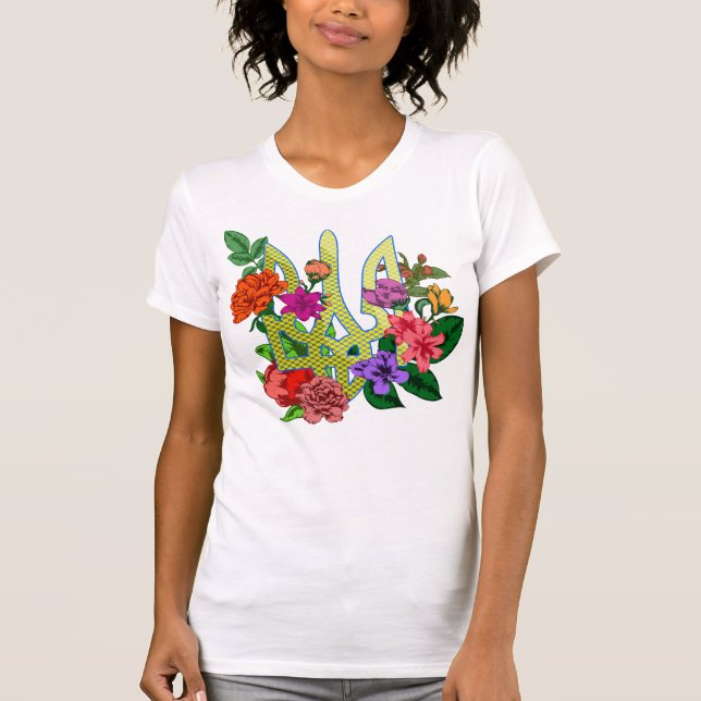 Camiseta tridente tryzub da heráldica ucraniana flores flor (Frente)