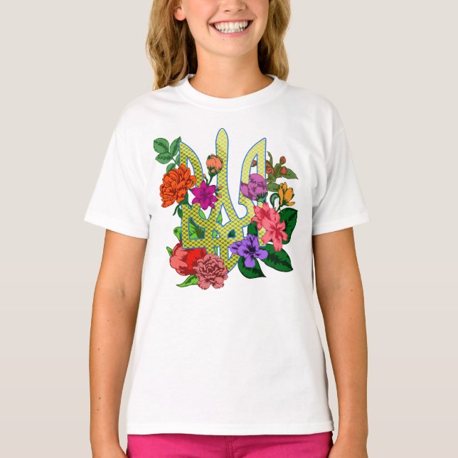 Camiseta tridente tryzub da heráldica ucraniana flores flor (Frente)