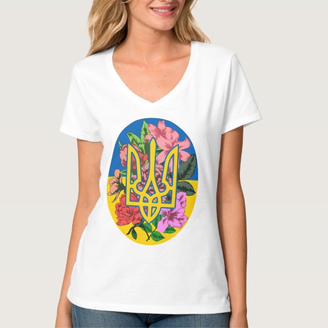 Camiseta Tridente ucraniano e bandeira da Ucrânia com flore (Frente)