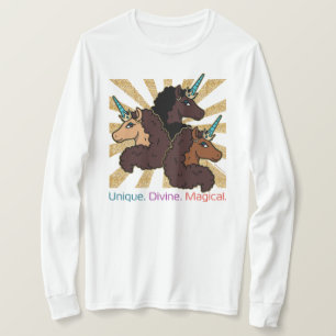 Camiseta Trio Afro Unicorn: Único, Divino e Mágico