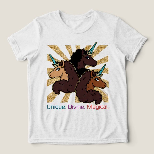Camiseta Trio Afro Unicorn: Único, Divino e Mágico (Design frontal)