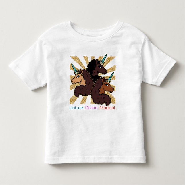 Camiseta Trio Afro Unicorn: Único, Divino e Mágico (Frente)
