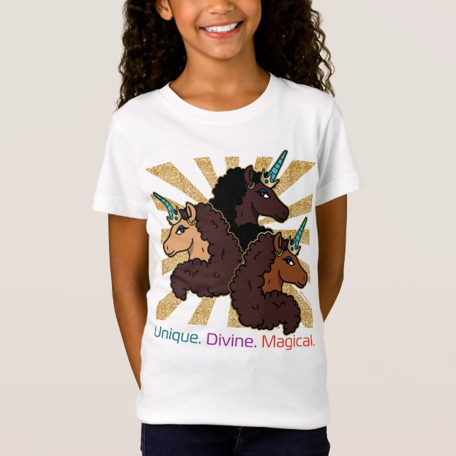 Camiseta Trio Afro Unicorn: Único, Divino e Mágico (Frente)