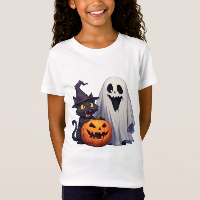 Camiseta Trío Clássico de Gato Fantasma de Halloween 👻 (Frente)