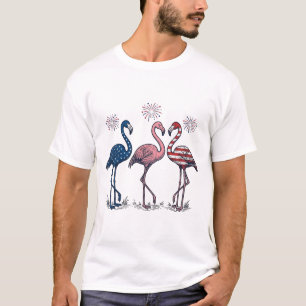 Camiseta Trio de Flamingos Patrióticos Design de Gravura Vi