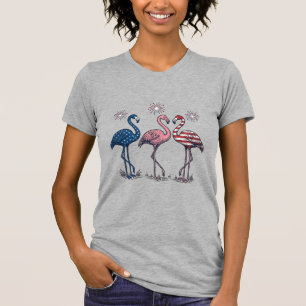 Camiseta Trio de Flamingos Patrióticos Design de Gravura Vi