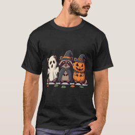 Camiseta Trio de Guaxinins Fofos no Halloween