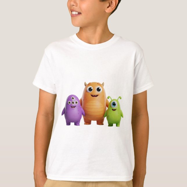 Camiseta Trío de Monstros Amigáveis em 3D (Frente)
